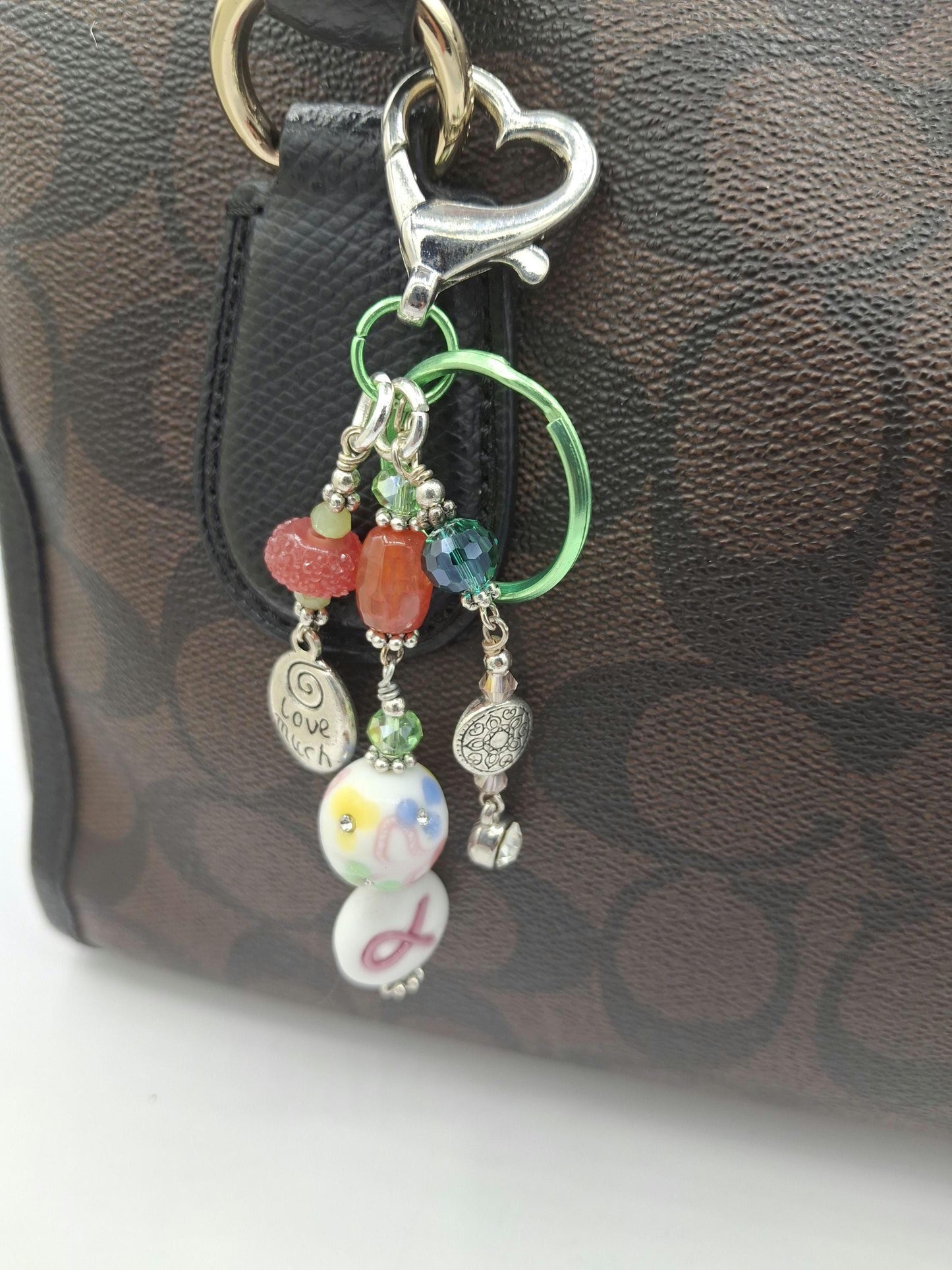 Whimsical, pink, green, Love Much charm beaded Candy Colors Key Chain, Purse Charm