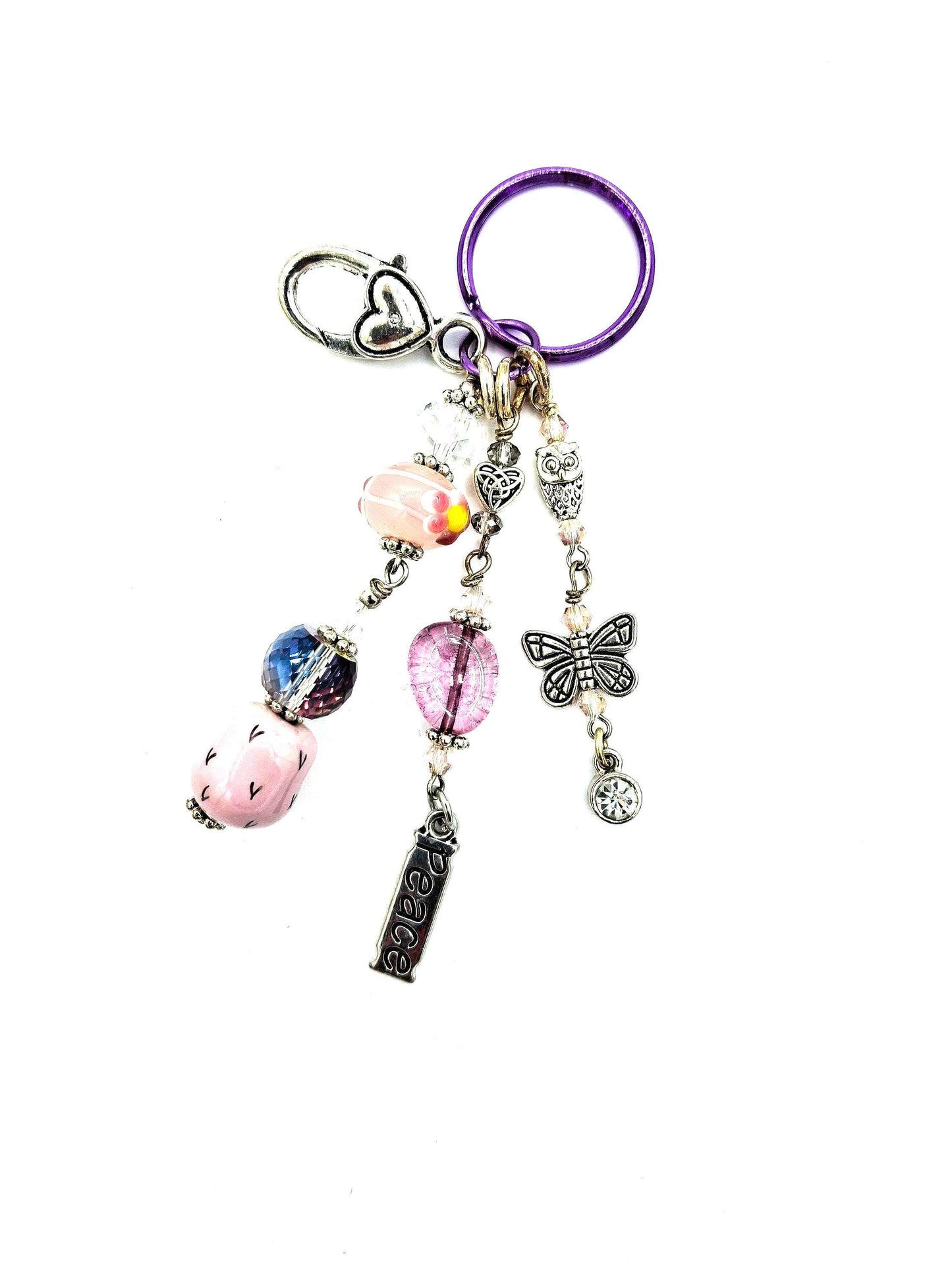 Whimsical, Purple, green and pink beaded Butterfly, Peace Charm Key Chain, Purse Charm