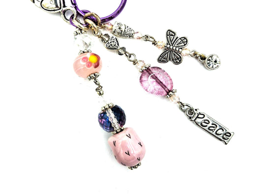 Whimsical, Purple, green and pink beaded Butterfly, Peace Charm Key Chain, Purse Charm
