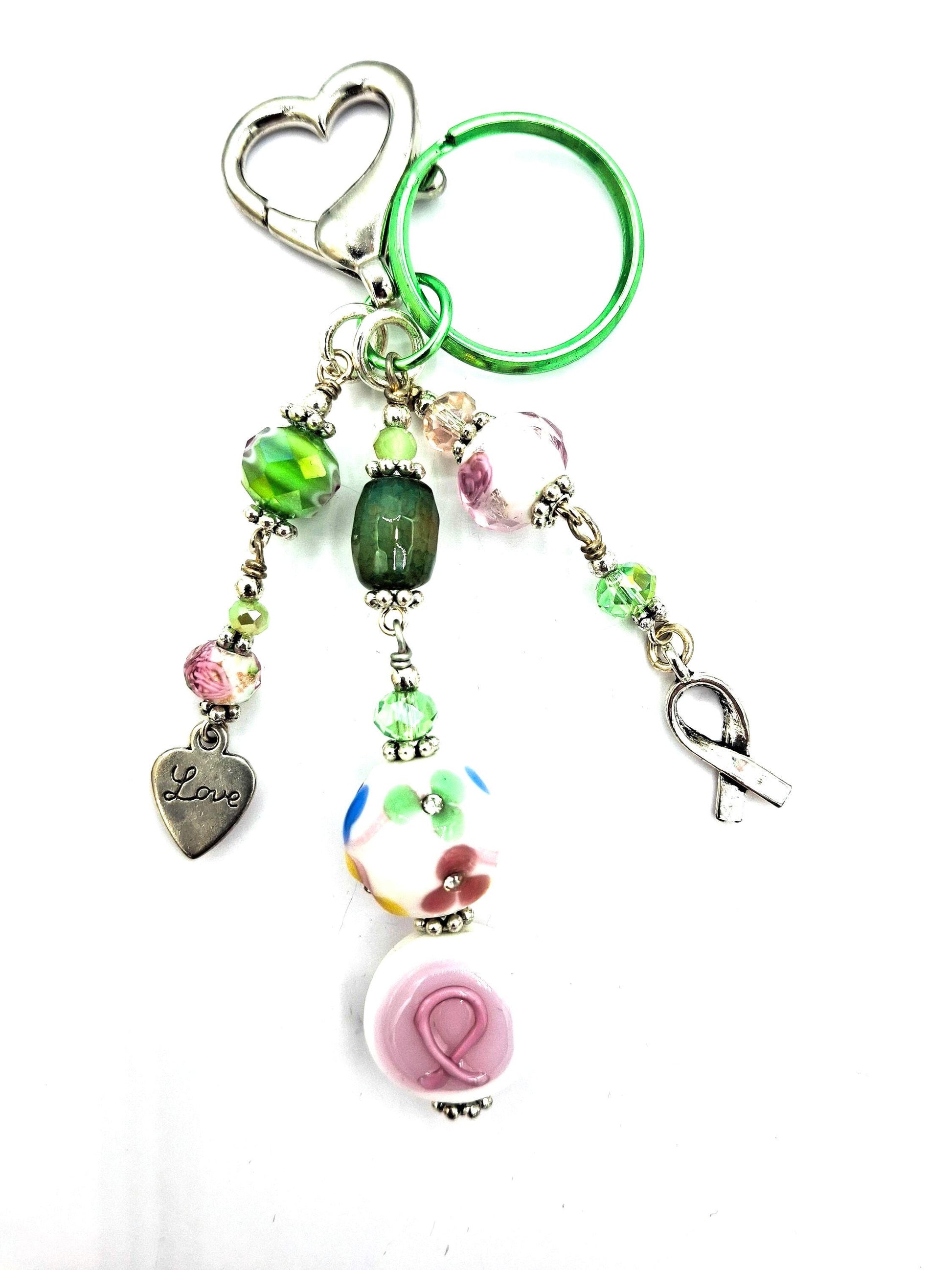 Whimsical, Green and pink beaded Heart Charm, Candy Colors Key Chain, Purse Charm