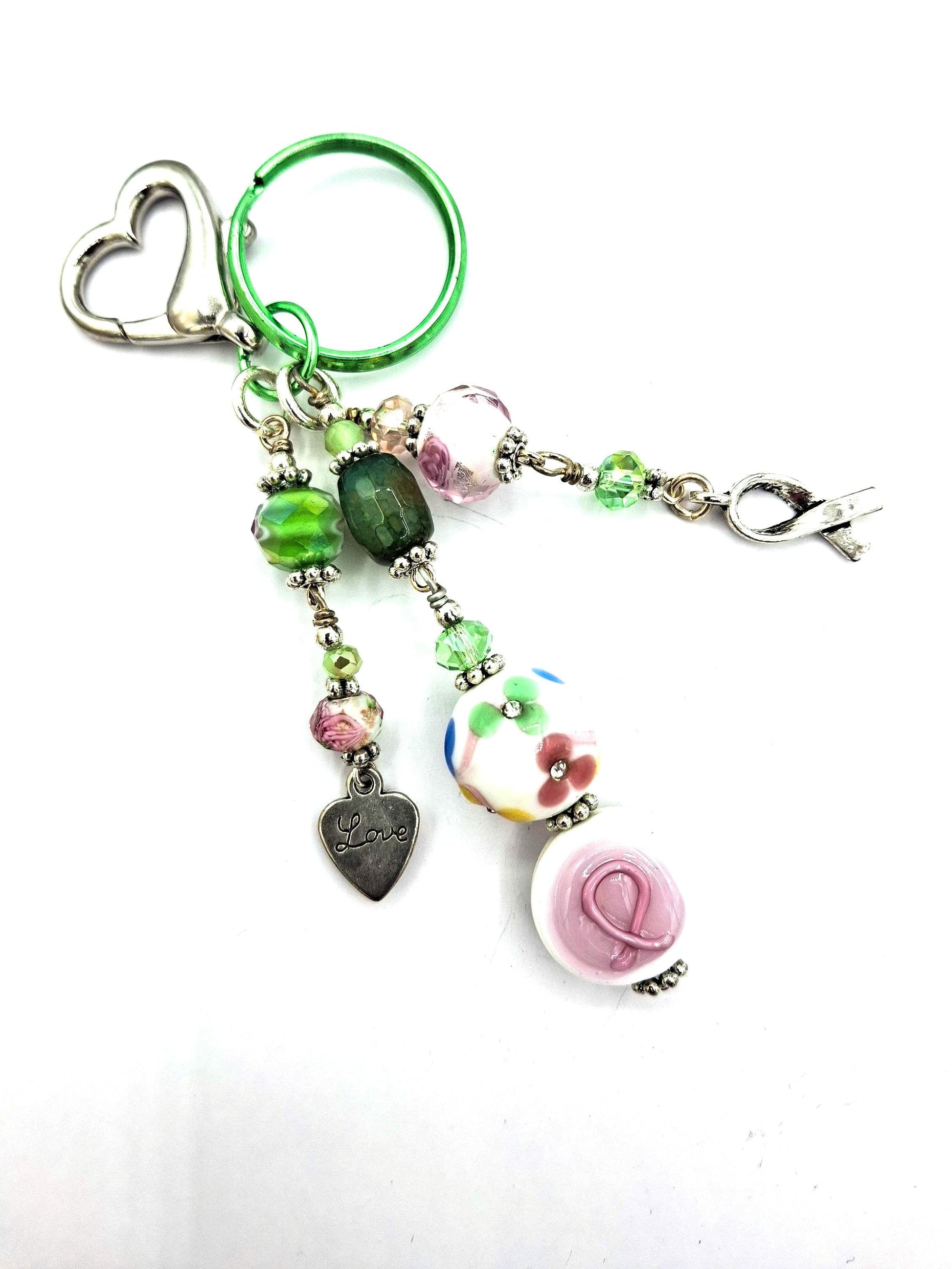 Whimsical, Green and pink beaded Heart Charm, Candy Colors Key Chain, Purse Charm