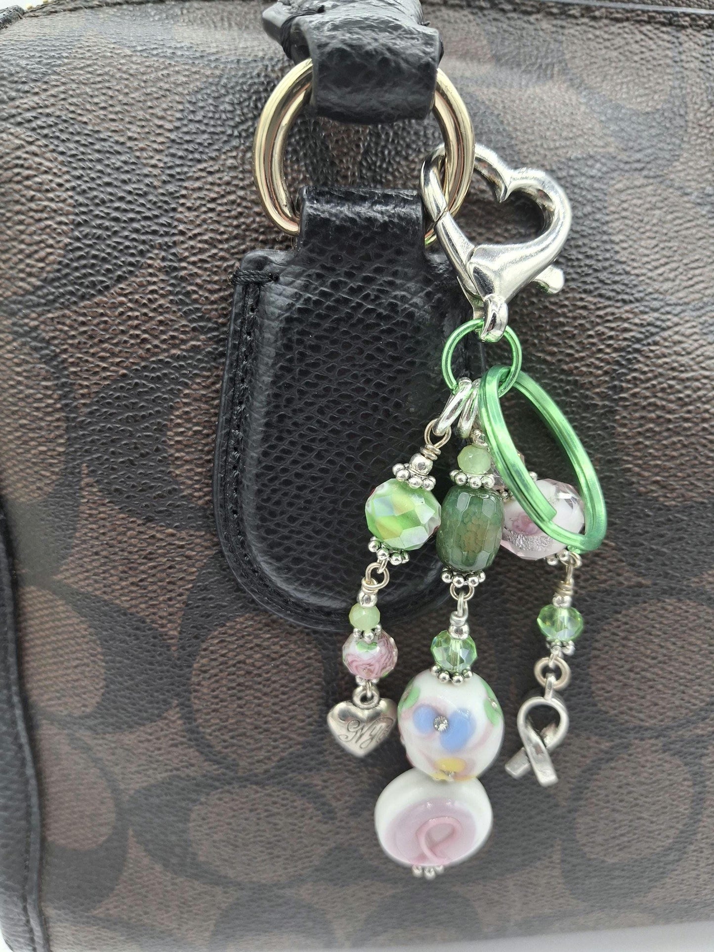 Whimsical, Green and pink beaded Heart Charm, Candy Colors Key Chain, Purse Charm
