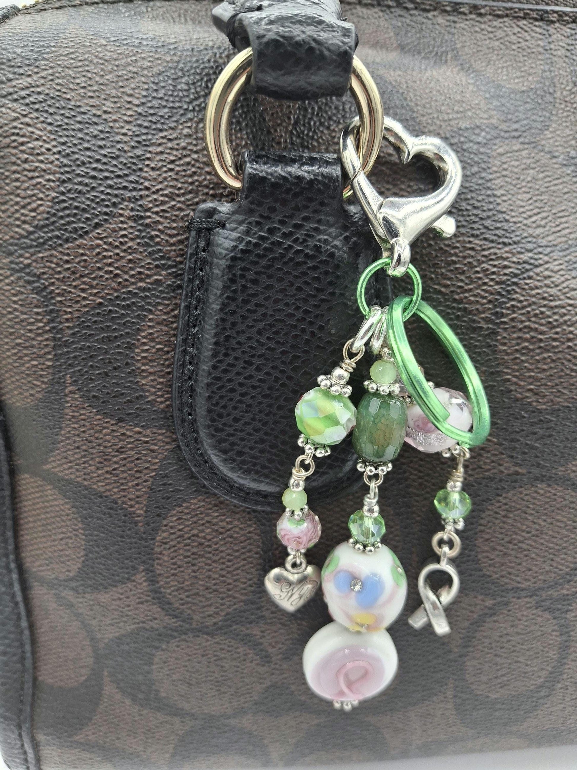 Whimsical, Green and pink beaded Heart Charm, Candy Colors Key Chain, Purse Charm