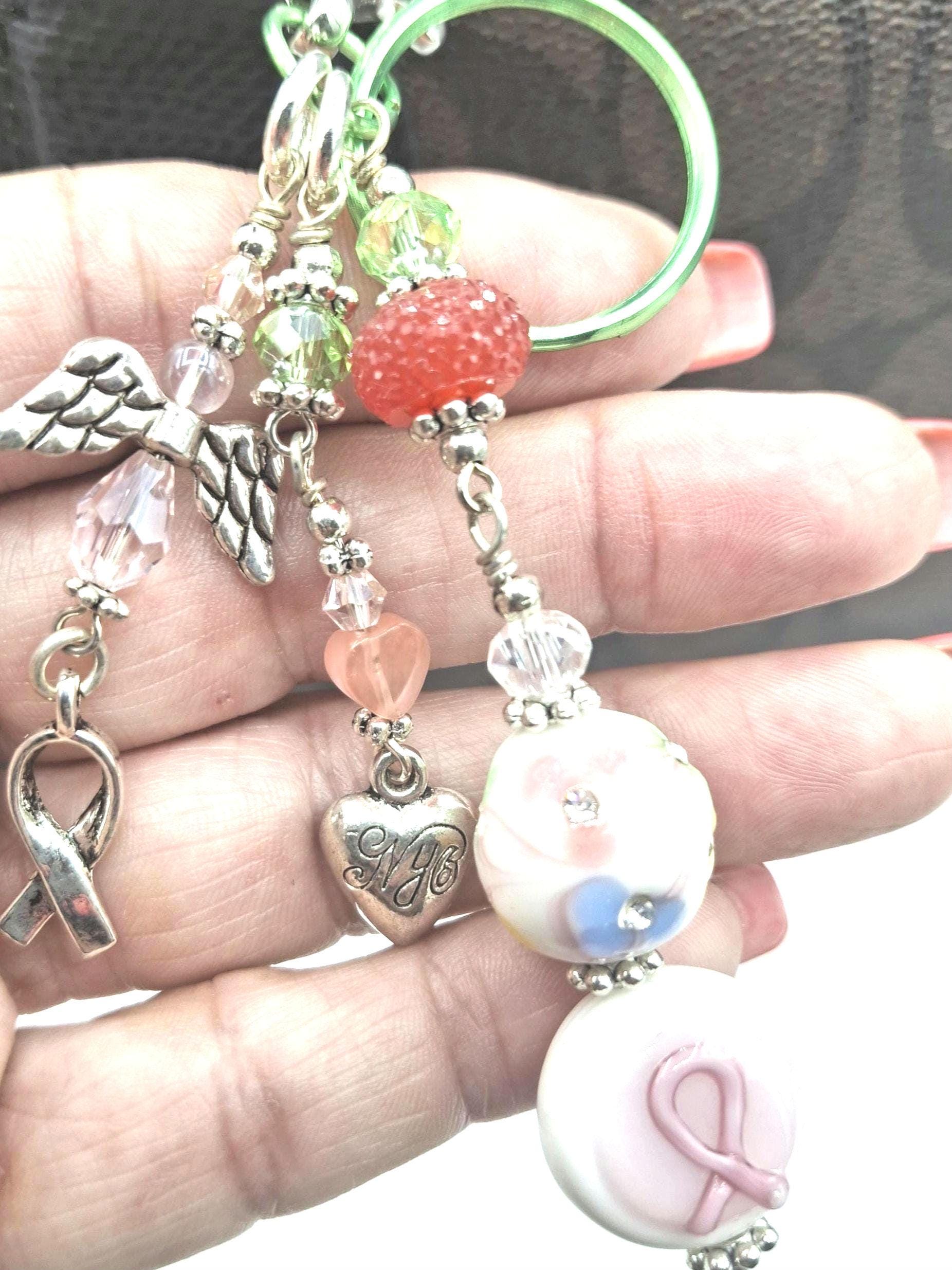 Whimsical, pink, green, Angel charm beaded Candy Colors Key Chain, Purse Charm