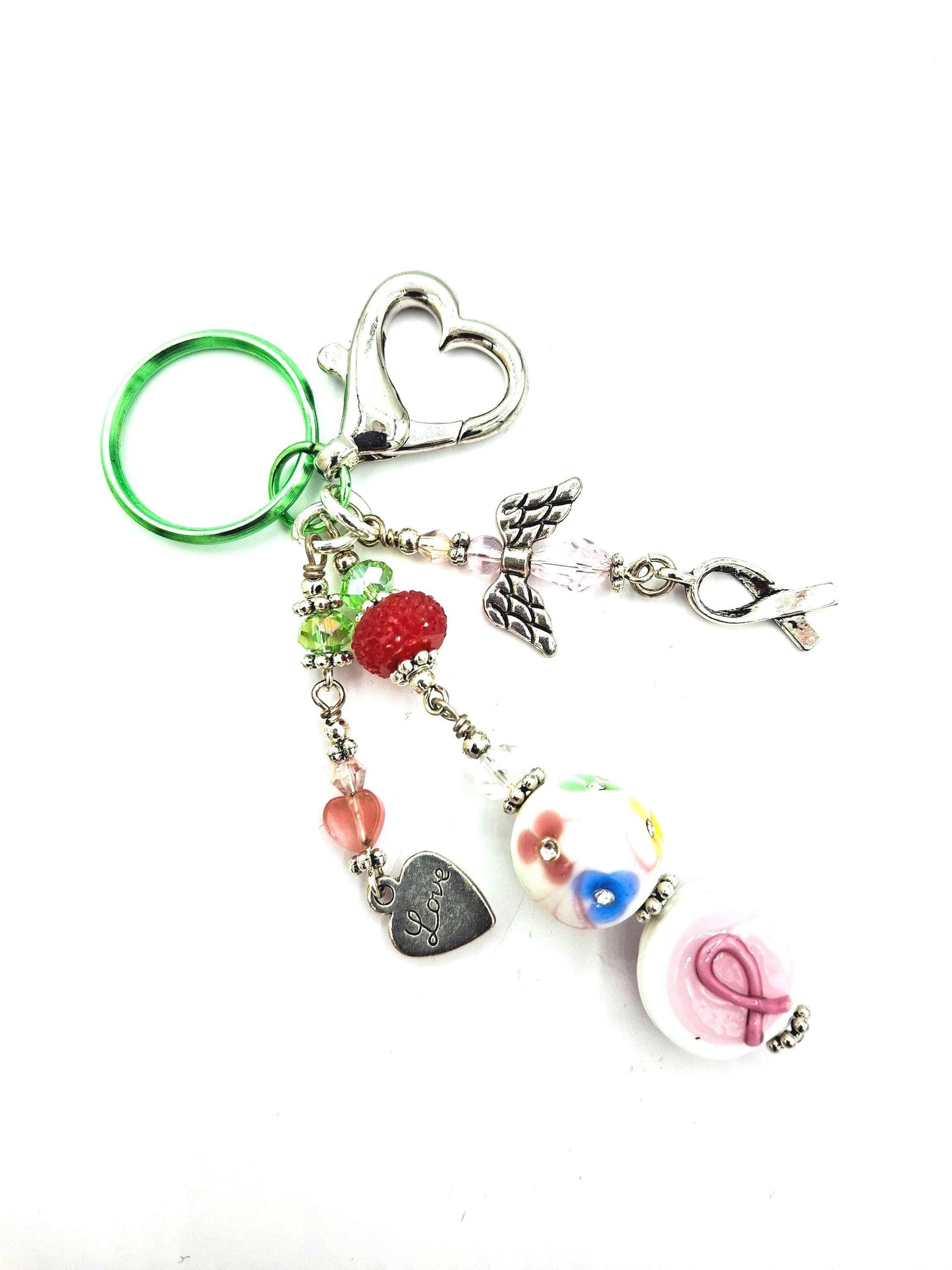 Whimsical, pink, green, Angel charm beaded Candy Colors Key Chain, Purse Charm