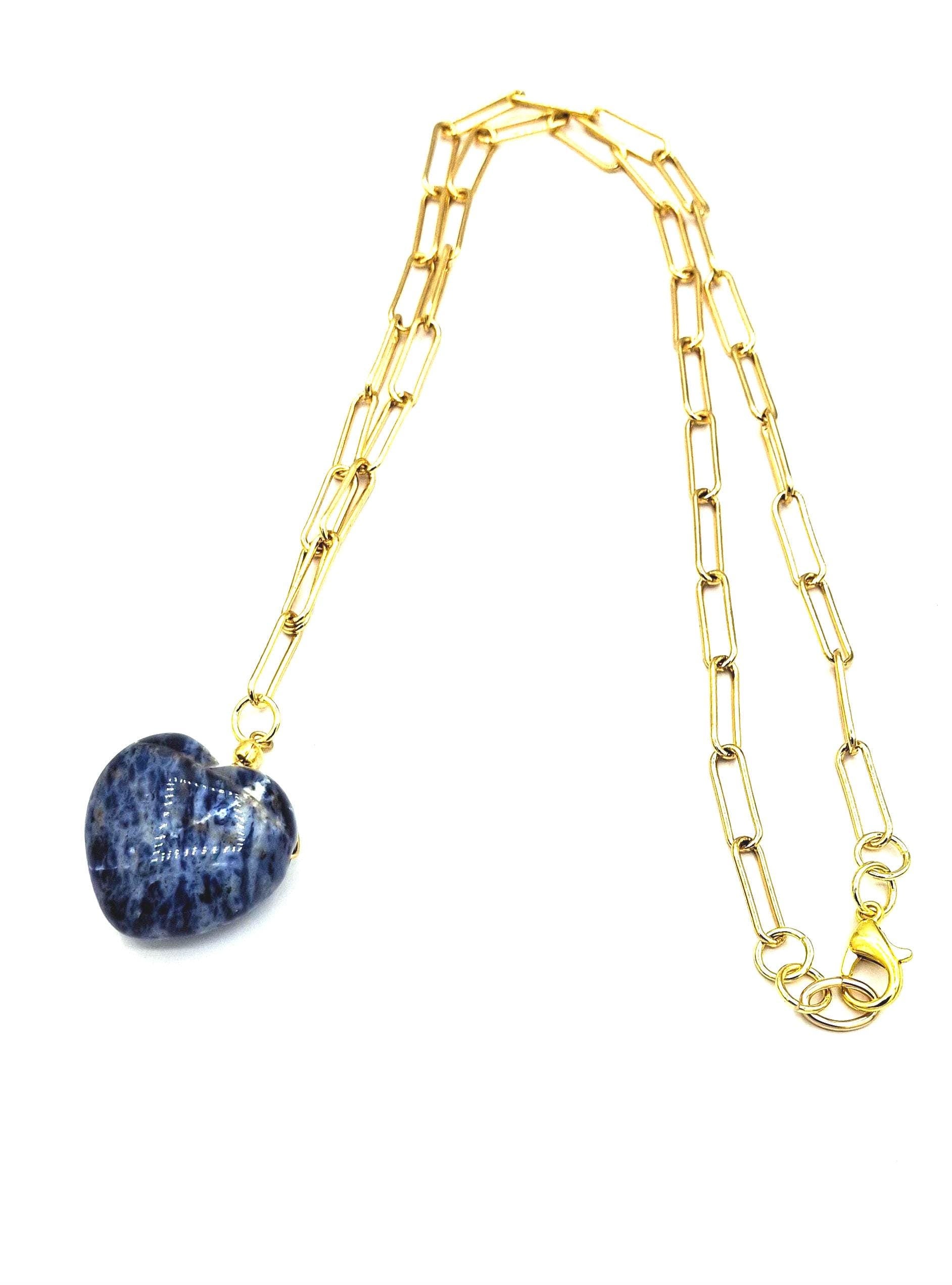 Heart Pendant Necklace: Gold plated Paper Clip Chain, with a large Lapis Blue heart