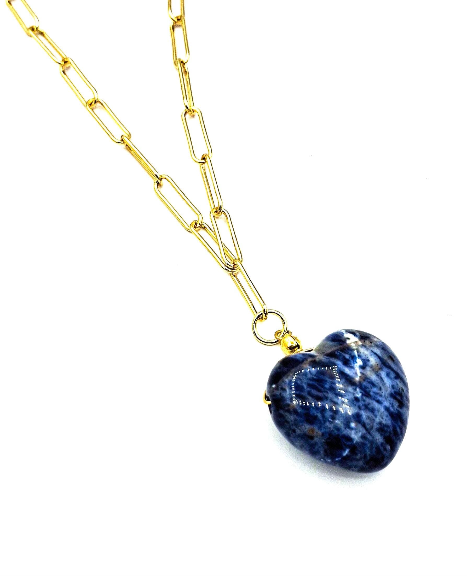 Heart Pendant Necklace: Gold plated Paper Clip Chain, with a large Lapis Blue heart
