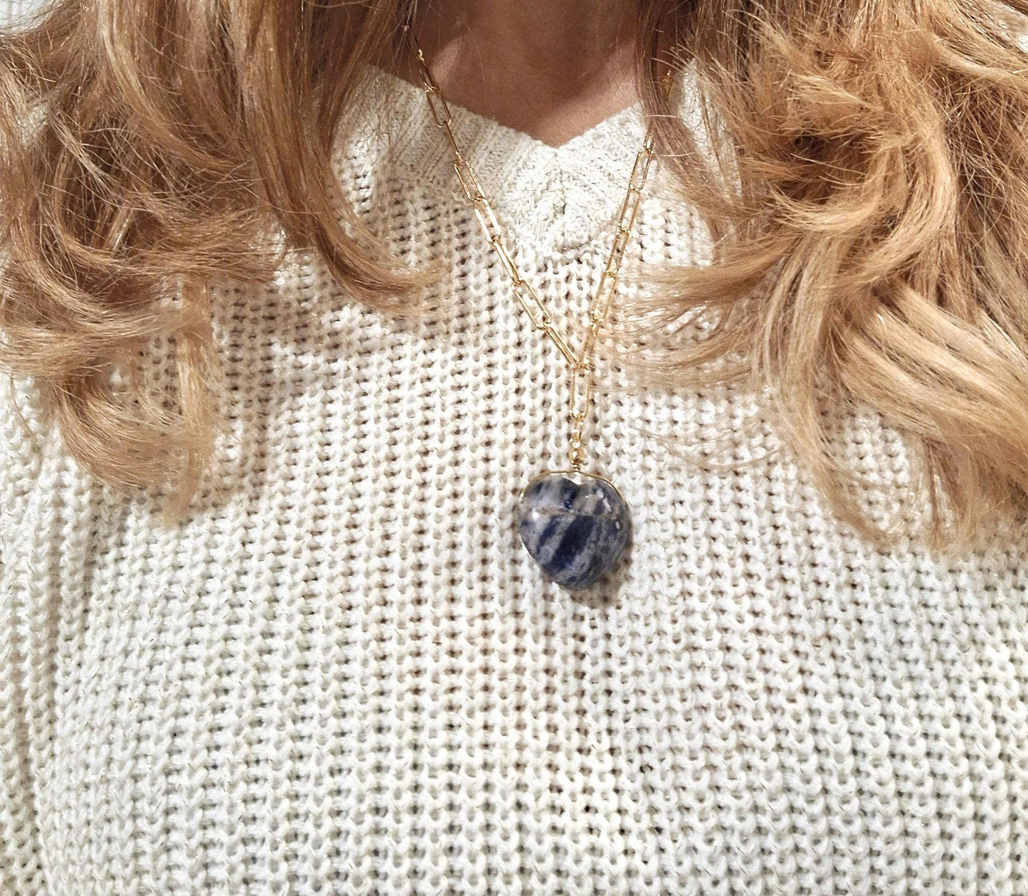 Heart Pendant Necklace: Gold plated Paper Clip Chain, with a large Lapis Blue heart