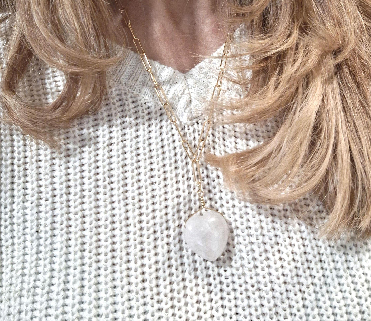 Heart Pendant Necklace: Gold plated Clasp, Paper Clip Chain, with a large rose quartz heart