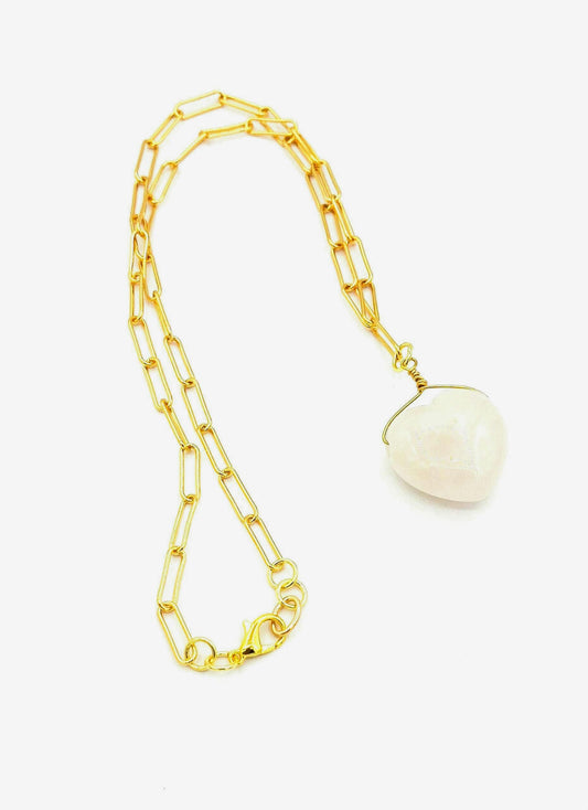 Heart Pendant Necklace: Gold plated Clasp, Paper Clip Chain, with a large rose quartz heart