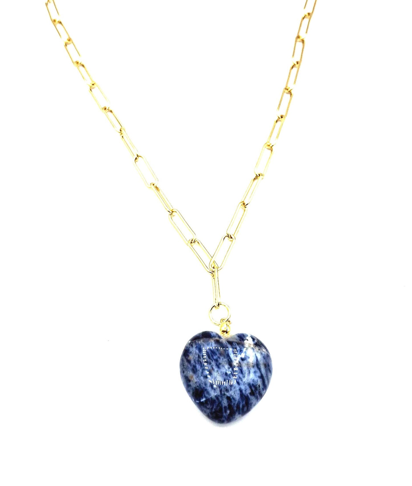 Heart Pendant Necklace: Gold plated Paper Clip Chain, with a large Lapis Blue heart