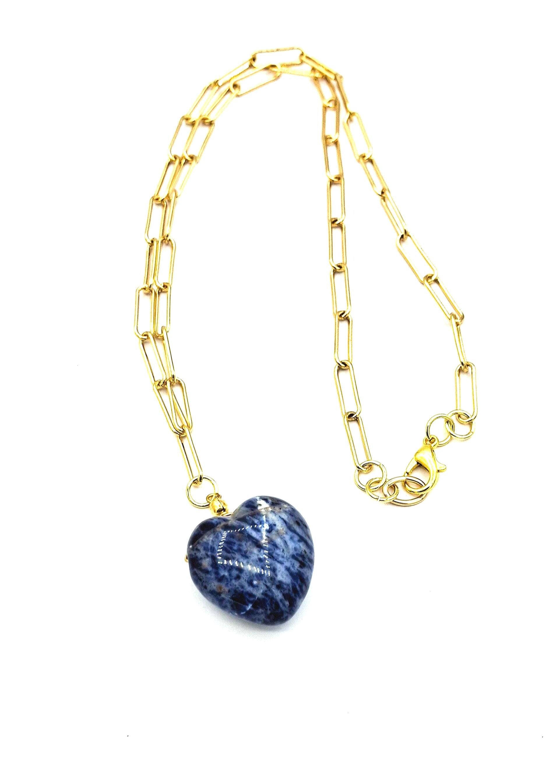 Heart Pendant Necklace: Gold plated Paper Clip Chain, with a large Lapis Blue heart