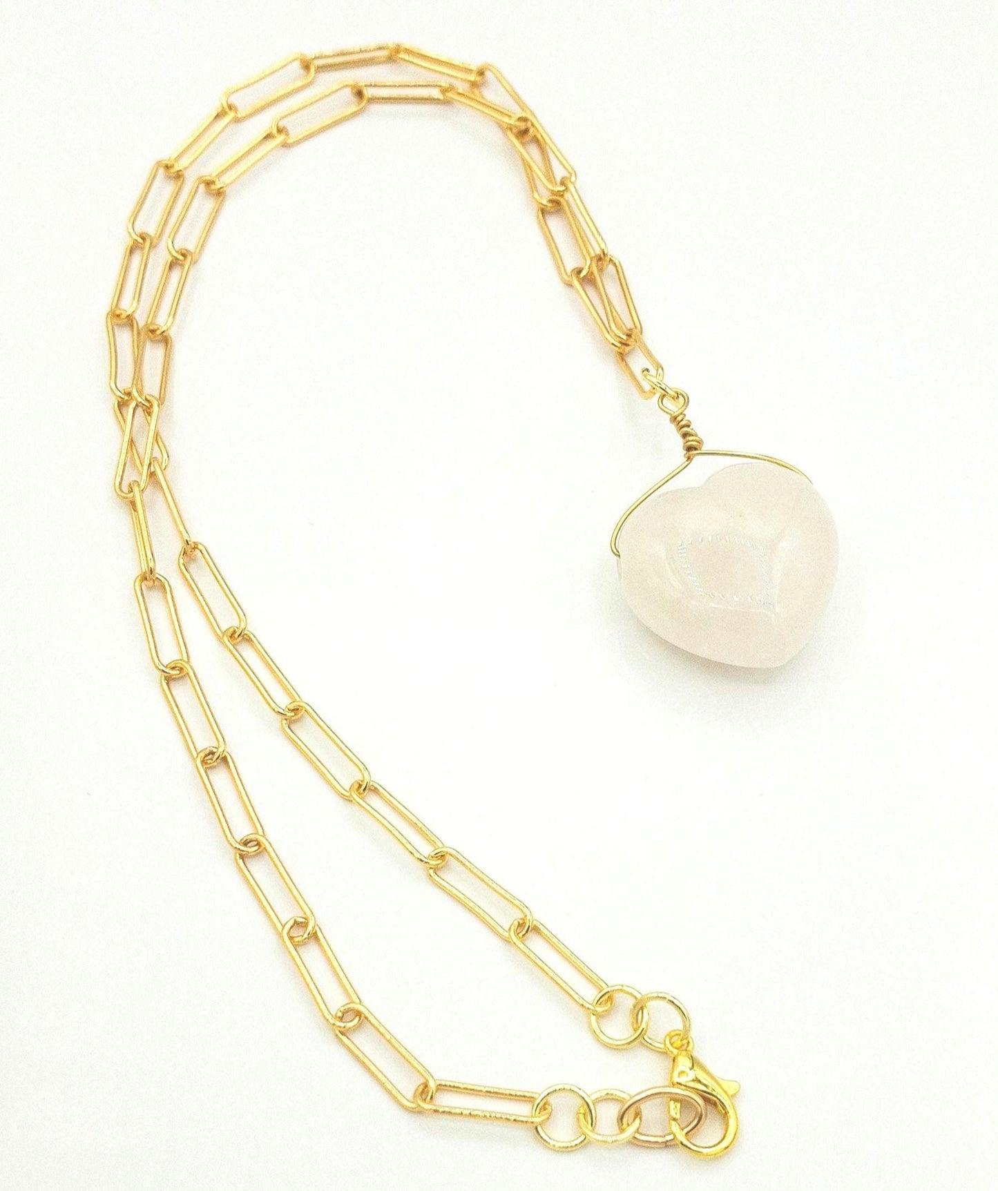 Heart Pendant Necklace: Gold plated Clasp, Paper Clip Chain, with a large rose quartz heart