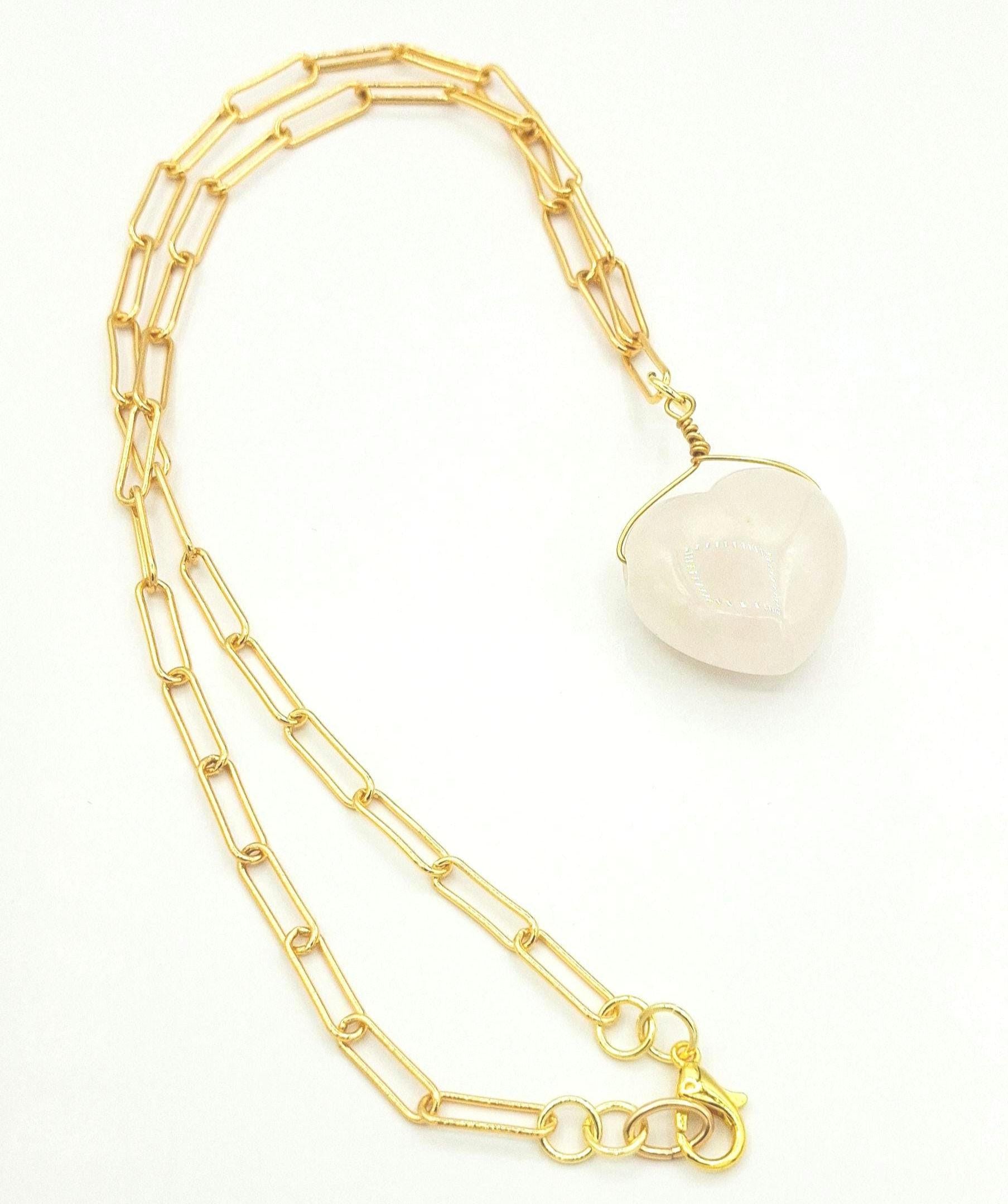 Heart Pendant Necklace: Gold plated Clasp, Paper Clip Chain, with a large rose quartz heart