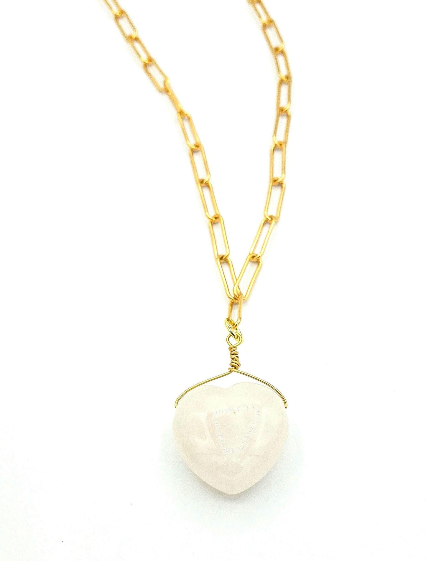 Heart Pendant Necklace: Gold plated Clasp, Paper Clip Chain, with a large rose quartz heart