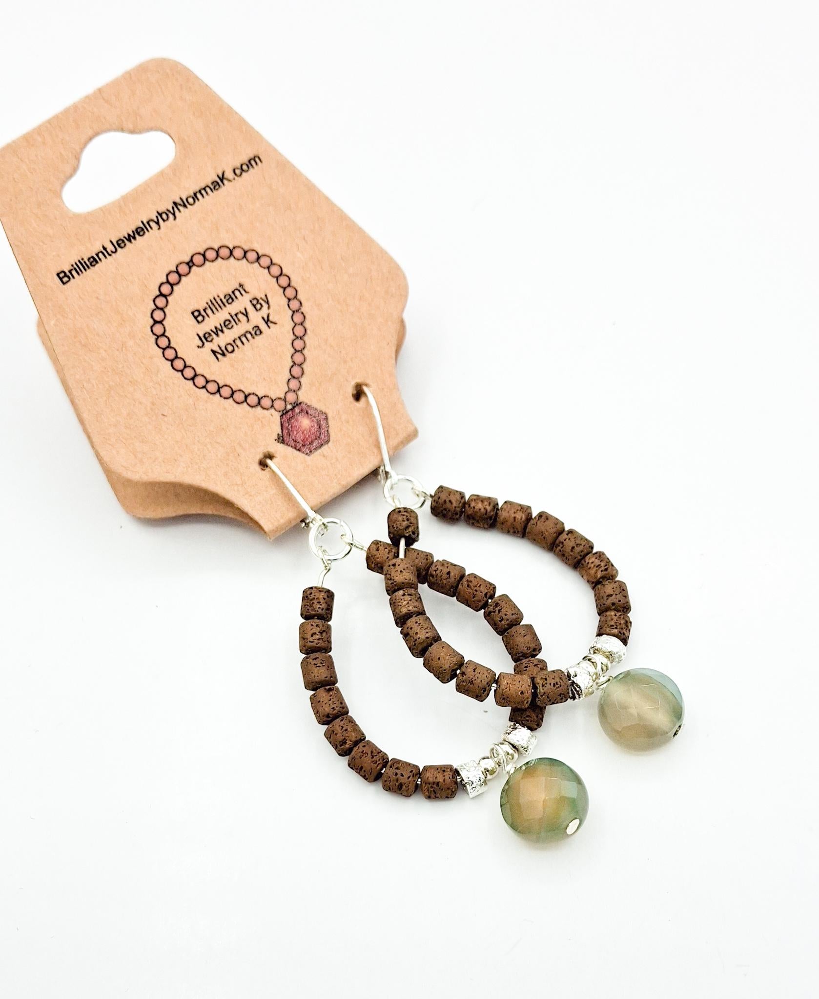 Nk Chocolate Brown plated Hematite hoop earrings with a faceted Agate drop