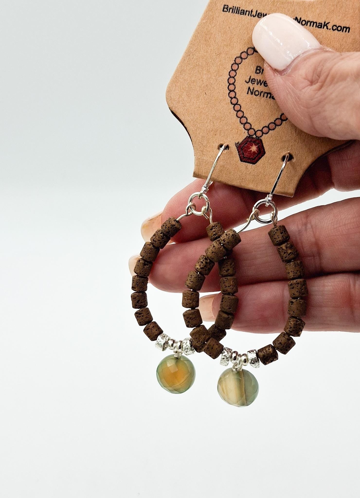 Nk Chocolate Brown plated Hematite hoop earrings with a faceted Agate drop