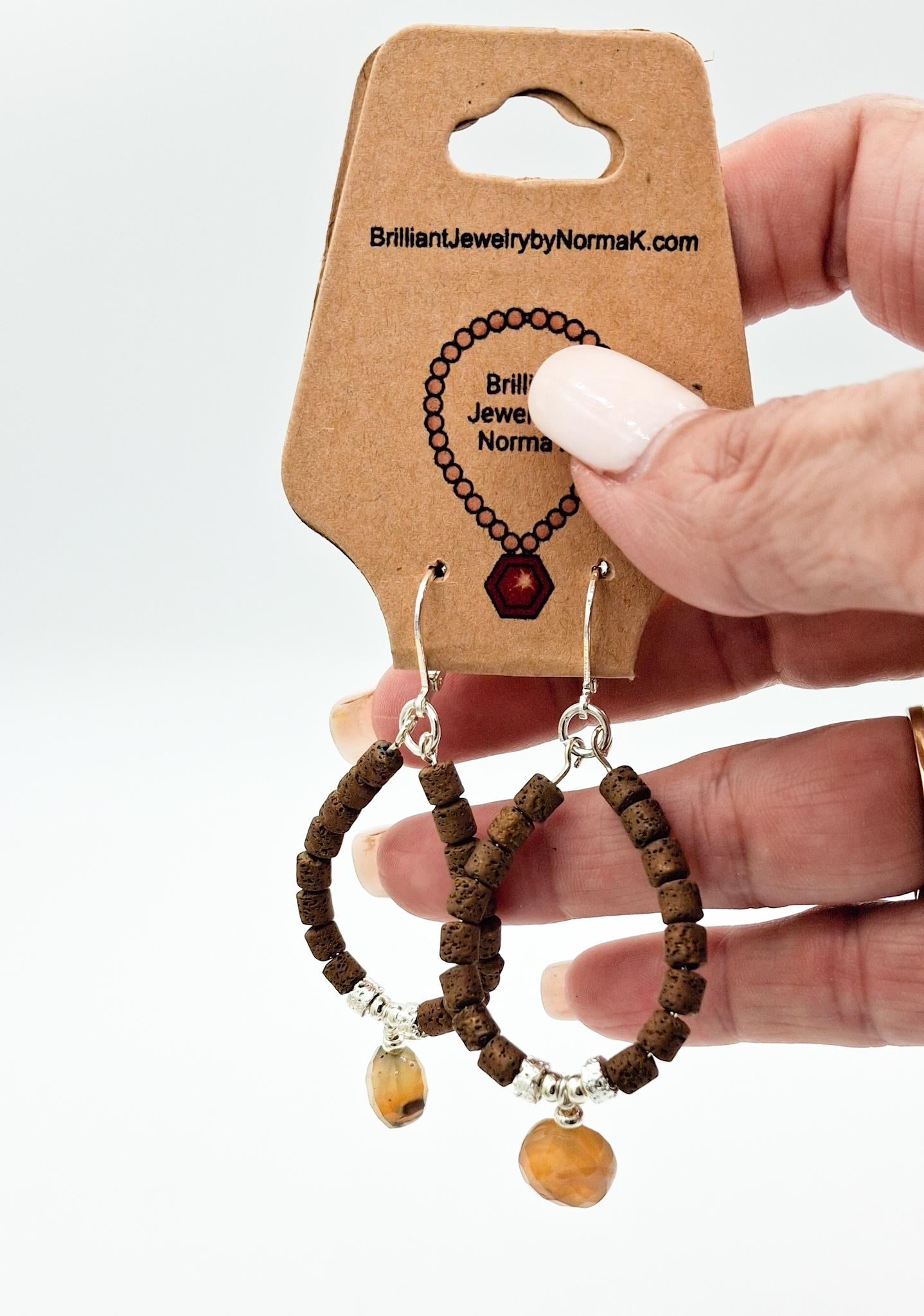 Nk Chocolate Brown plated Hematite hoop earrings with a faceted Agate drop