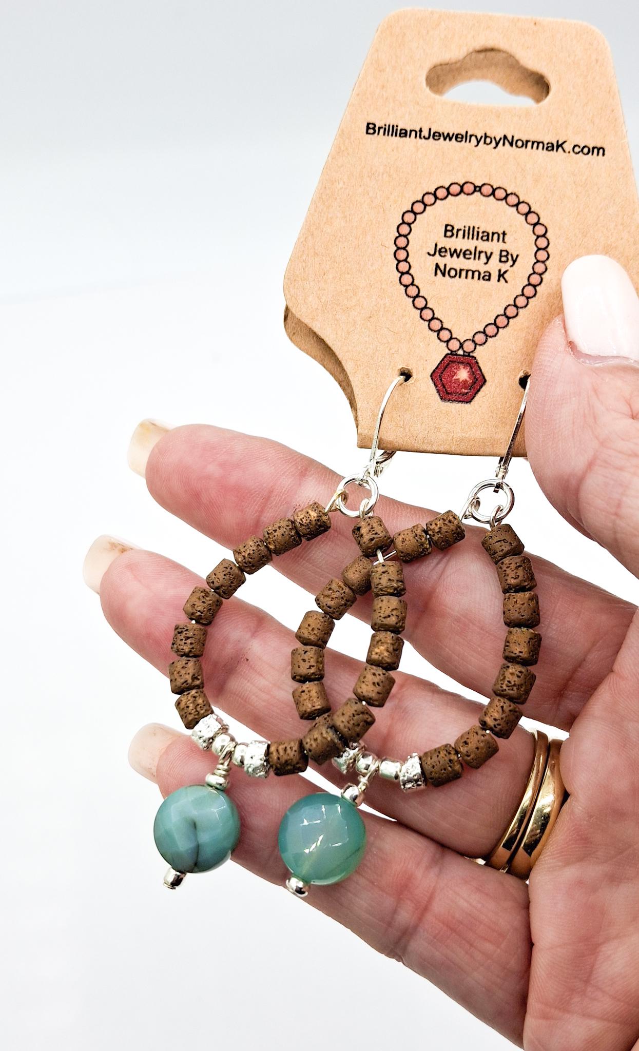 Nk Chocolate Brown plated Hematite hoop earrings with a faceted teal Agate drops
