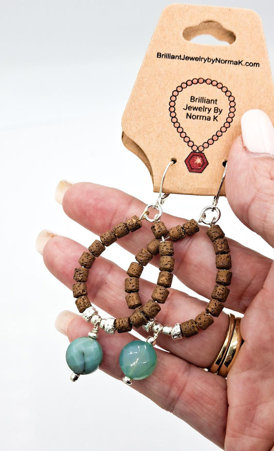 Nk Chocolate Brown plated Hematite hoop earrings with a faceted teal Agate drops