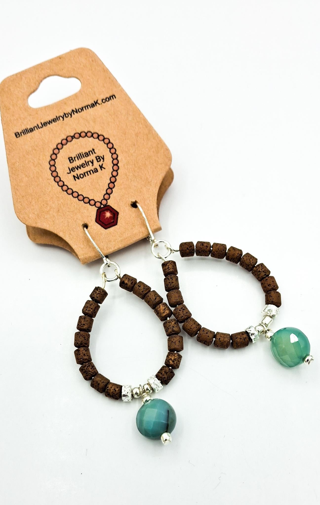 Nk Chocolate Brown plated Hematite hoop earrings with a faceted teal Agate drops