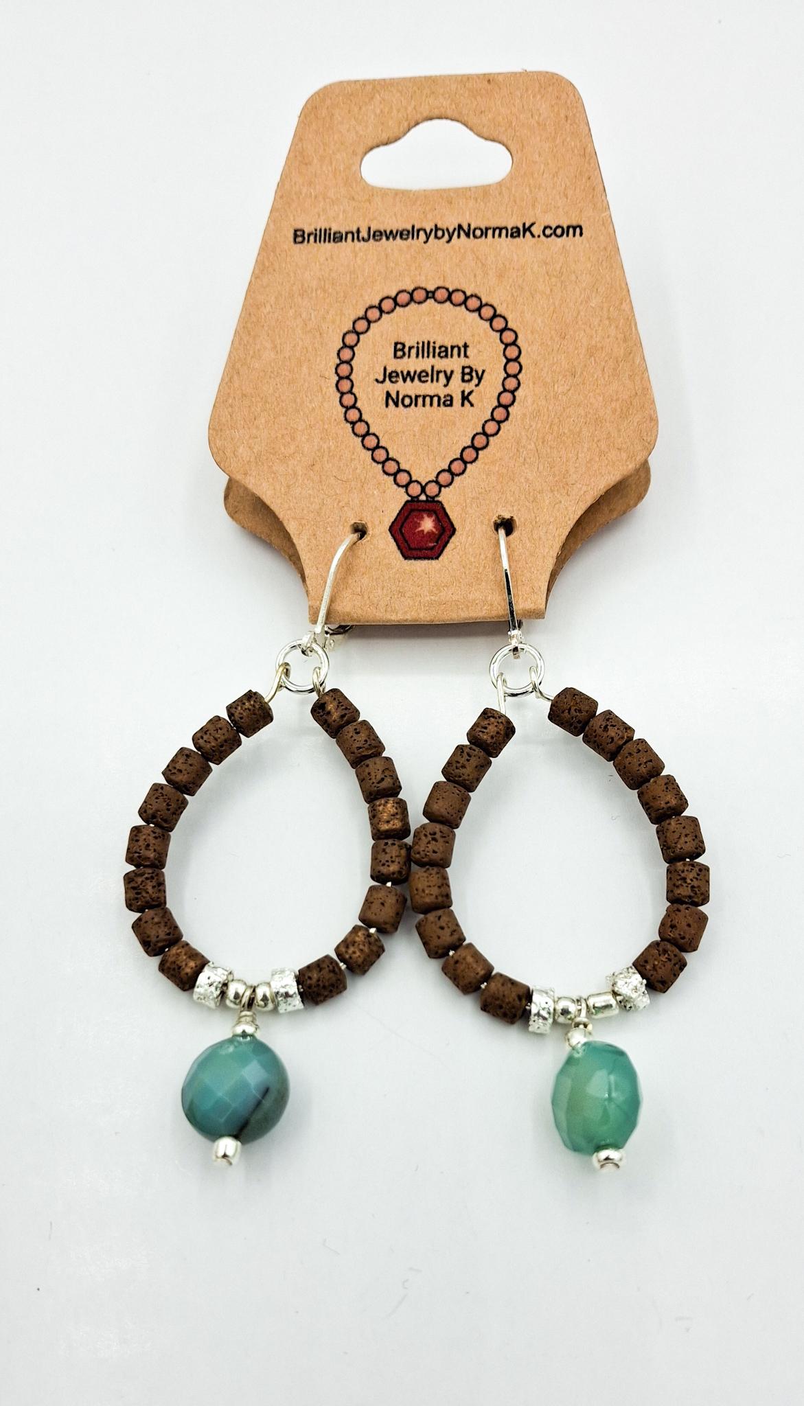 Nk Chocolate Brown plated Hematite hoop earrings with a faceted teal Agate drops