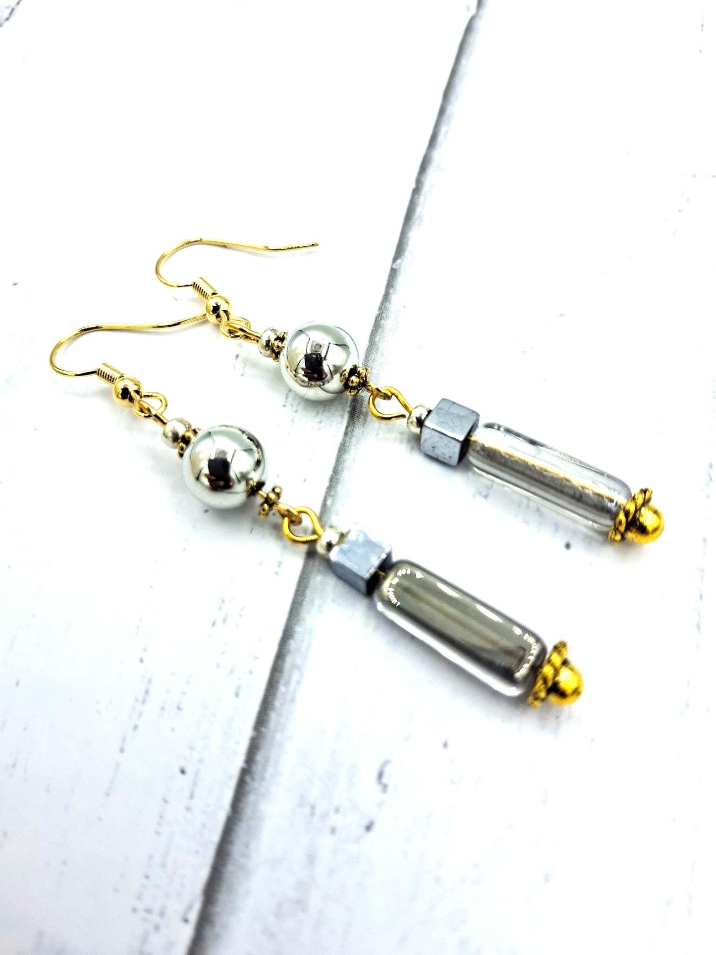 Nk Silver Drop Earrings, hematite, glass & detail beads