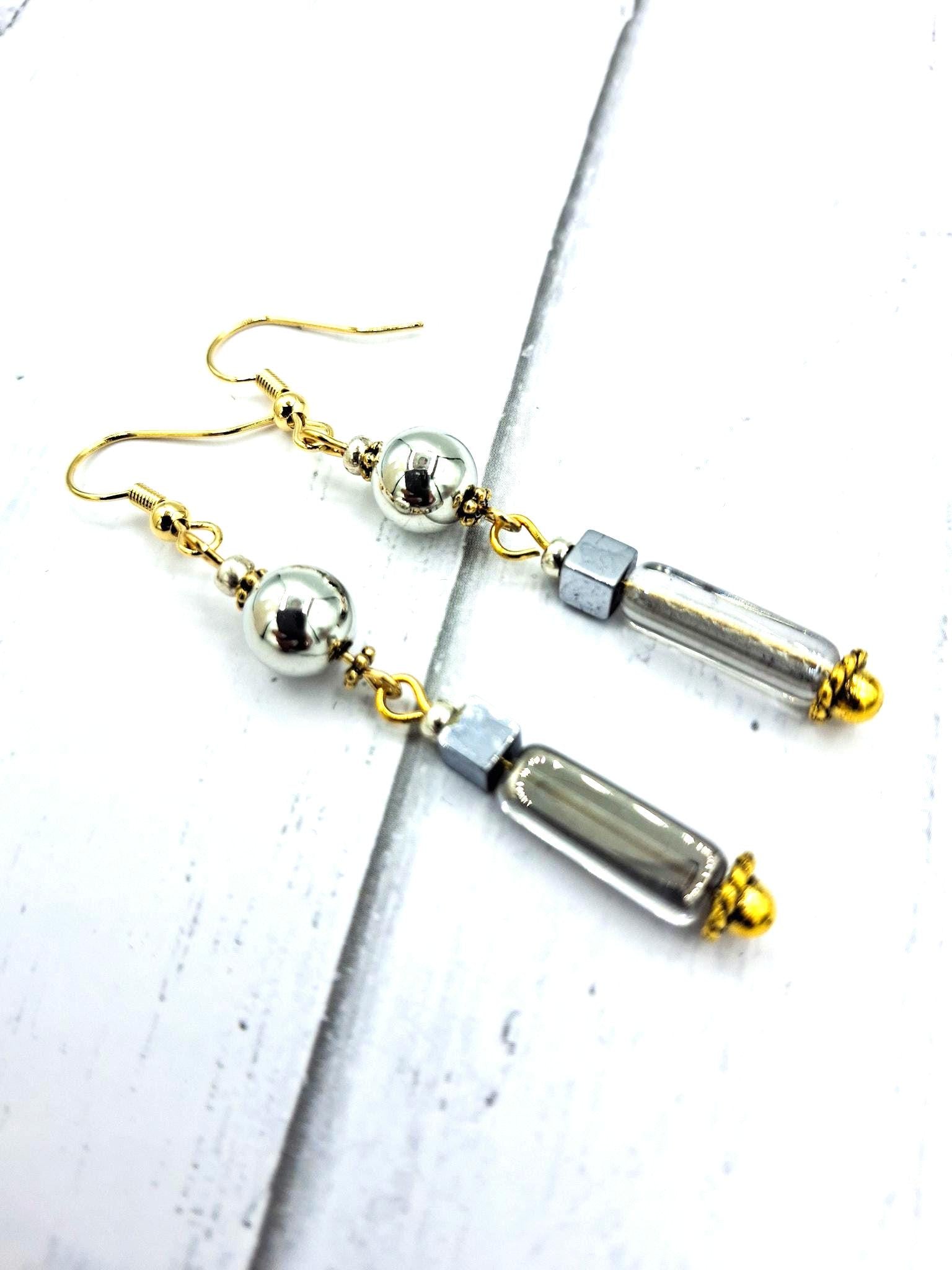 Nk Silver Drop Earrings, hematite, glass & detail beads