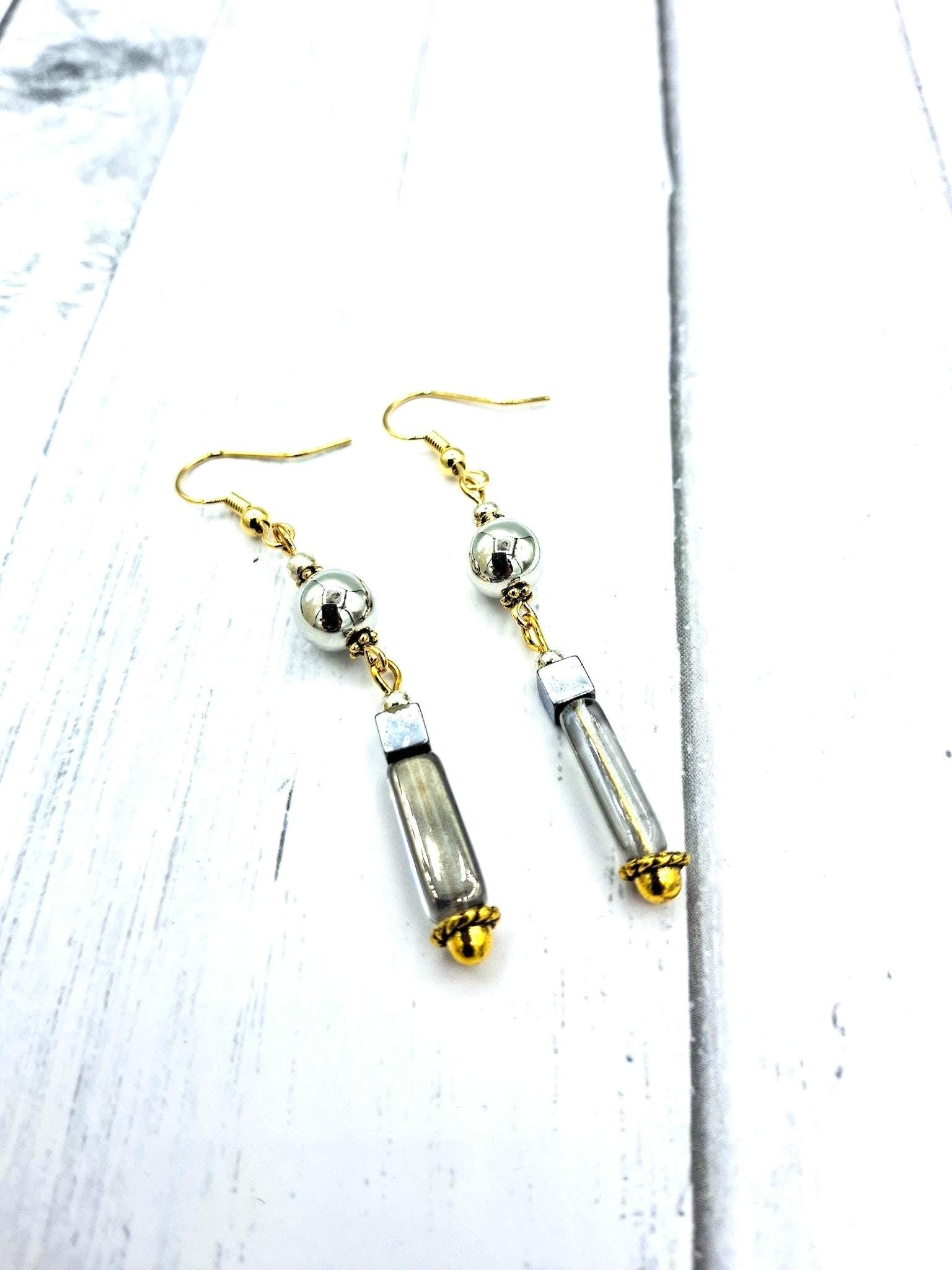 Nk Silver Drop Earrings, hematite, glass & detail beads
