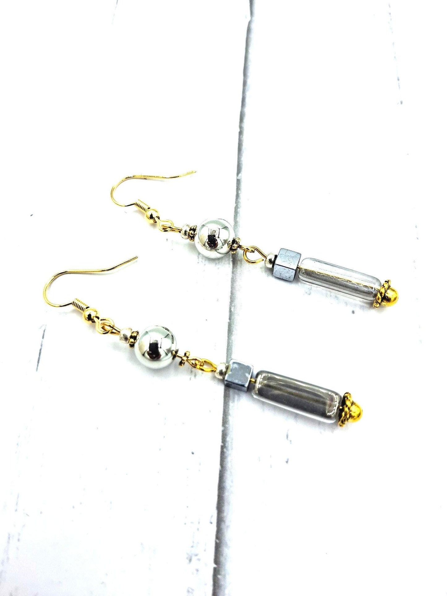 Nk Silver Drop Earrings, hematite, glass & detail beads