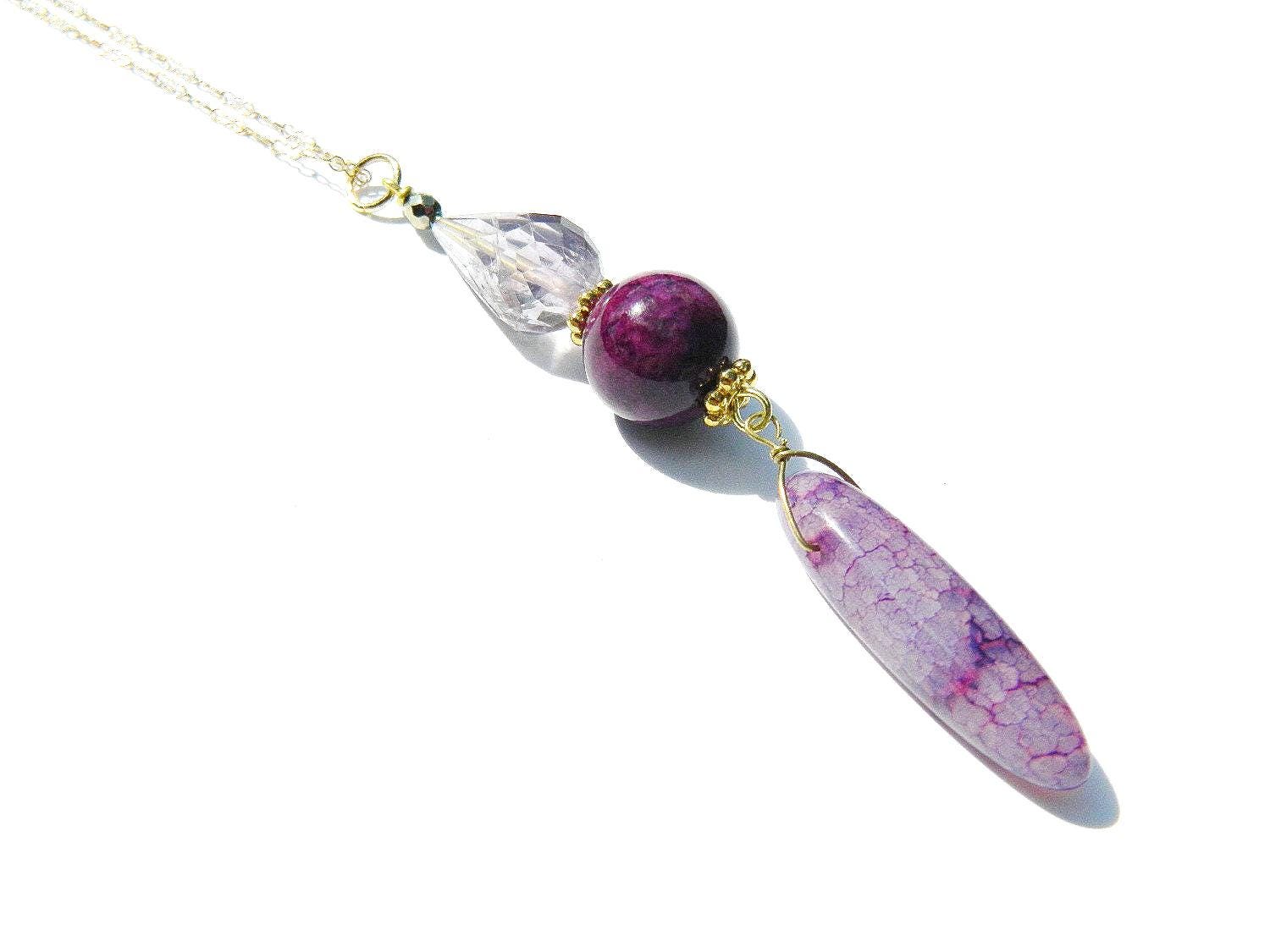 Faceted Teardrop Crystal Pendant Necklace and and a ceramic plum colored Bead, Translucent Agate tube Pendant, Gold-Filled Crinkle Chain