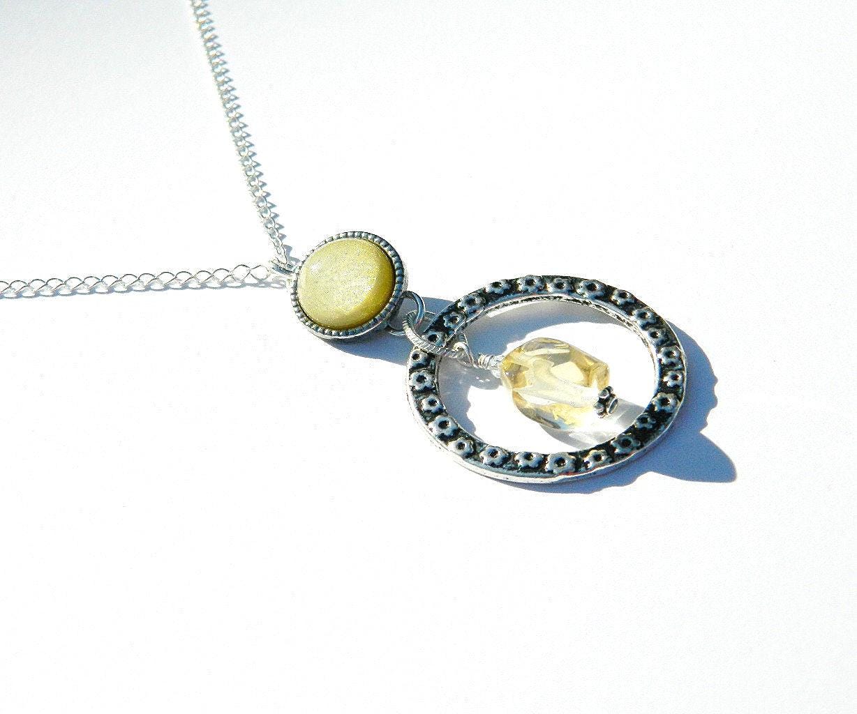Citrine Pendant Necklace, Circular Metal, Silver Plate, Sterling Silver Necklace, Fashionable Necklace, Trending Necklace