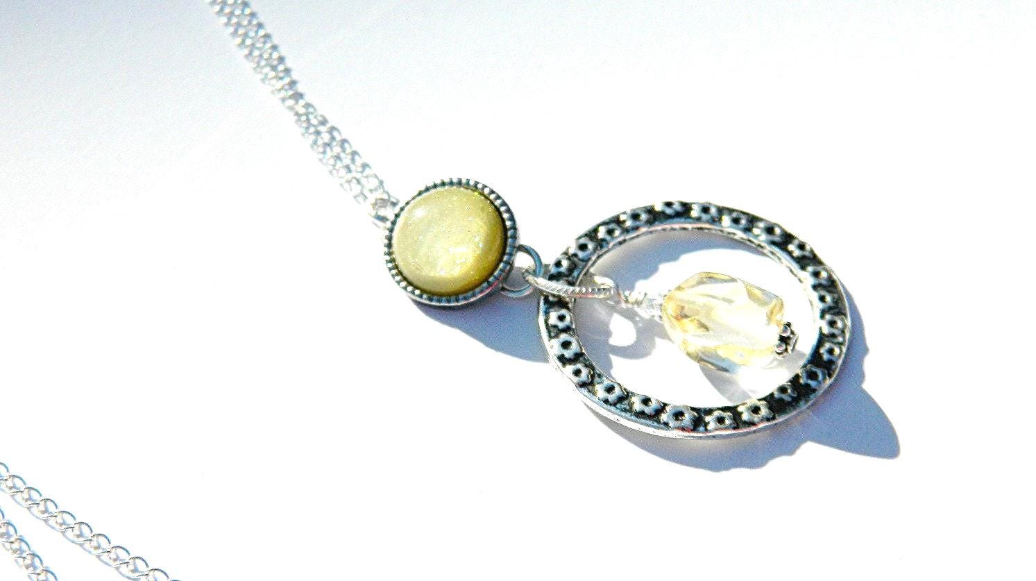 Citrine Pendant Necklace, Circular Metal, Silver Plate, Sterling Silver Necklace, Fashionable Necklace, Trending Necklace
