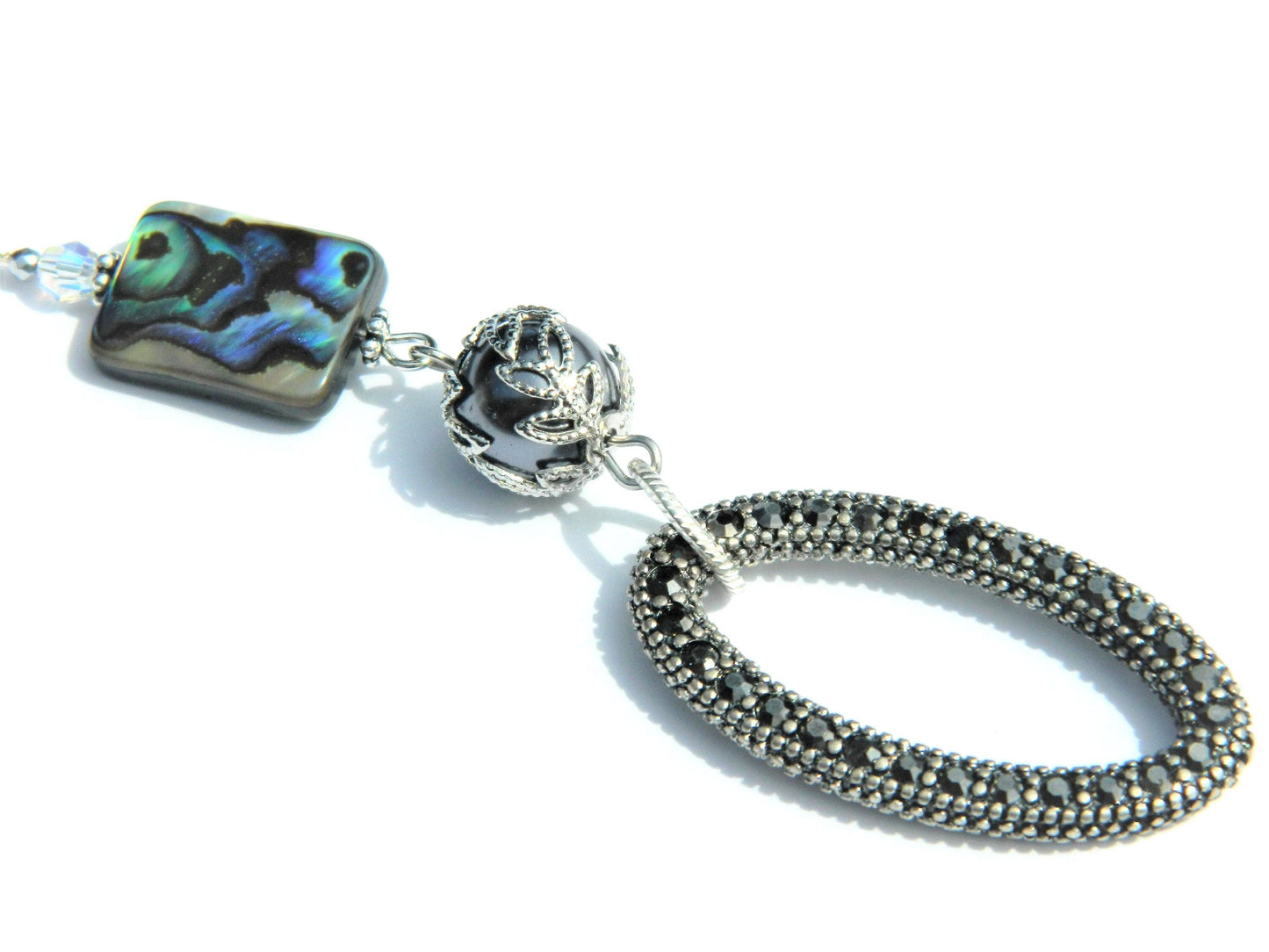 Paua Shell and Oblong Sparkle Pendant necklace, elegant, regal, impressive, handcrafted jewelry, sterling silver simply stated jewelry