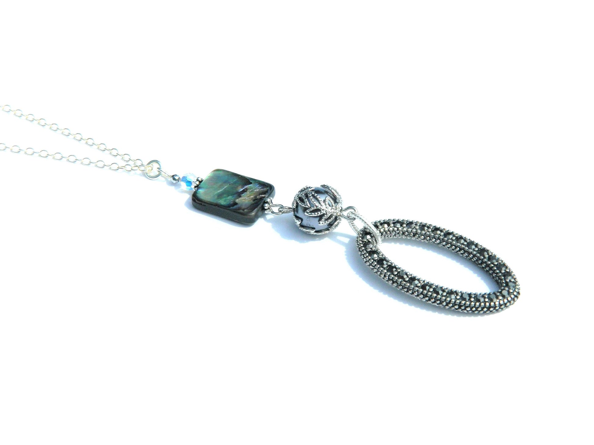 Paua Shell and Oblong Sparkle Pendant necklace, elegant, regal, impressive, handcrafted jewelry, sterling silver simply stated jewelry