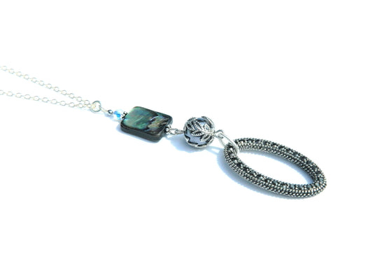 Paua Shell and Oblong Sparkle Pendant necklace, elegant, regal, impressive, handcrafted jewelry, sterling silver simply stated jewelry