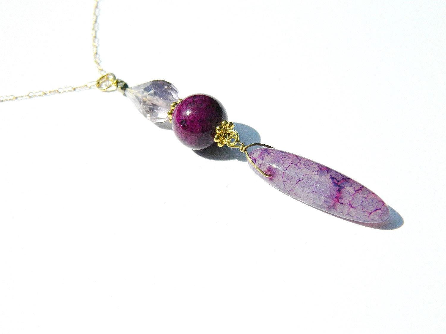Faceted Teardrop Crystal Pendant Necklace and and a ceramic plum colored Bead, Translucent Agate tube Pendant, Gold-Filled Crinkle Chain