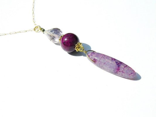 Faceted Teardrop Crystal Pendant Necklace and and a ceramic plum colored Bead, Translucent Agate tube Pendant, Gold-Filled Crinkle Chain