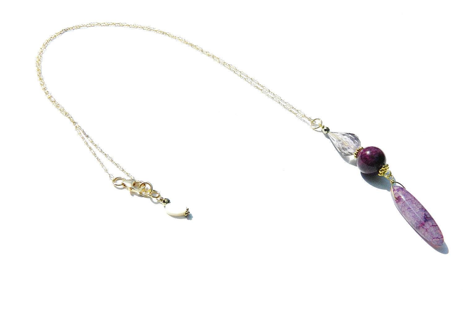 Faceted Teardrop Crystal Pendant Necklace and and a ceramic plum colored Bead, Translucent Agate tube Pendant, Gold-Filled Crinkle Chain