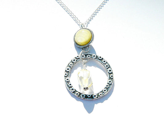 Citrine Pendant Necklace, Circular Metal, Silver Plate, Sterling Silver Necklace, Fashionable Necklace, Trending Necklace