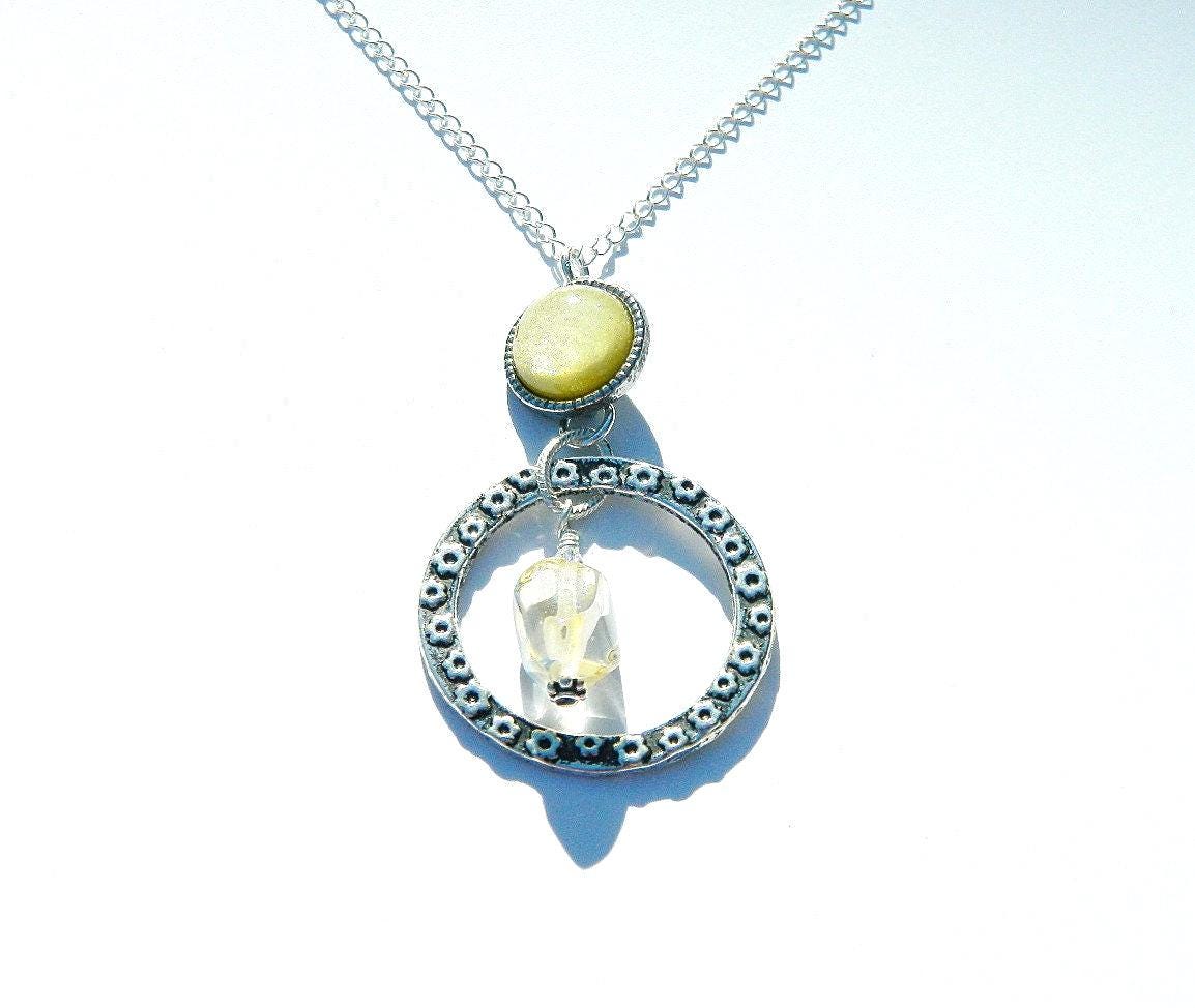 Citrine Pendant Necklace, Circular Metal, Silver Plate, Sterling Silver Necklace, Fashionable Necklace, Trending Necklace