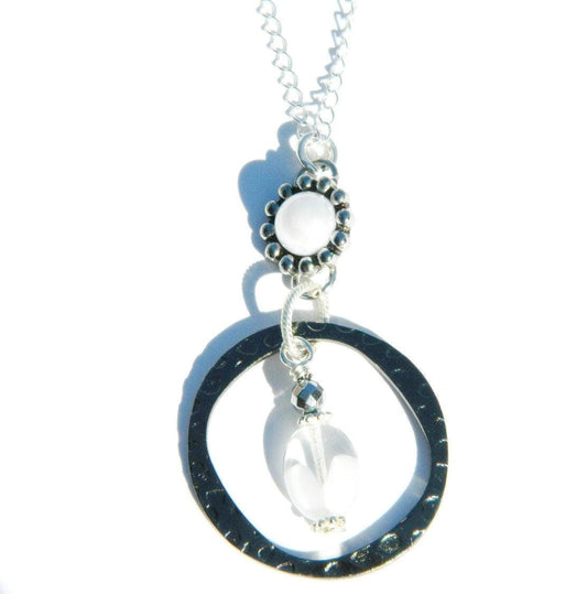Circular Metal Necklace, Translucent White Accent, Sterling Silver Necklace, Fashionable Necklace, Modern Necklace, Sophisticated Necklace