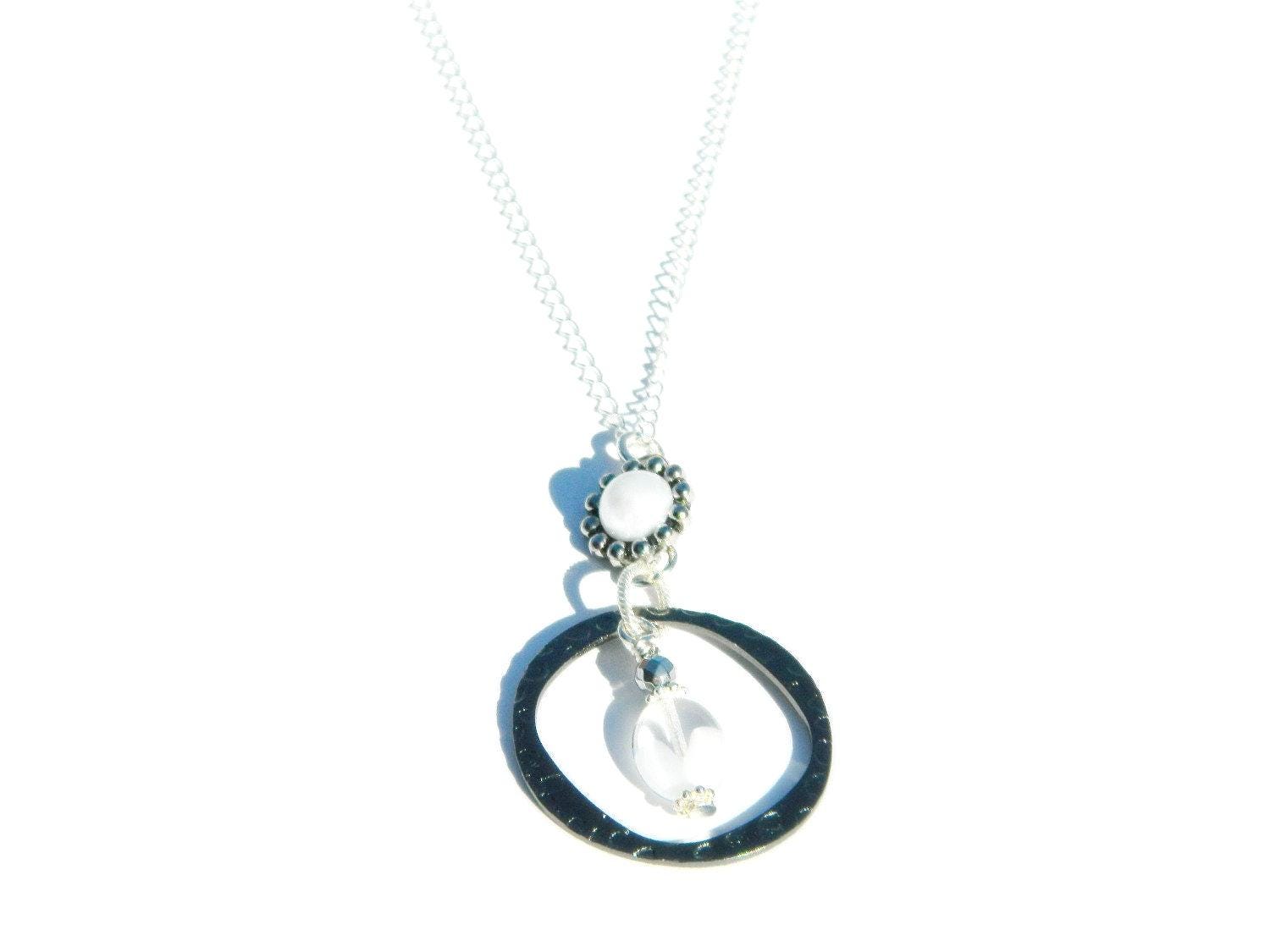 Circular Metal Necklace, Translucent White Accent, Sterling Silver Necklace, Fashionable Necklace, Modern Necklace, Sophisticated Necklace