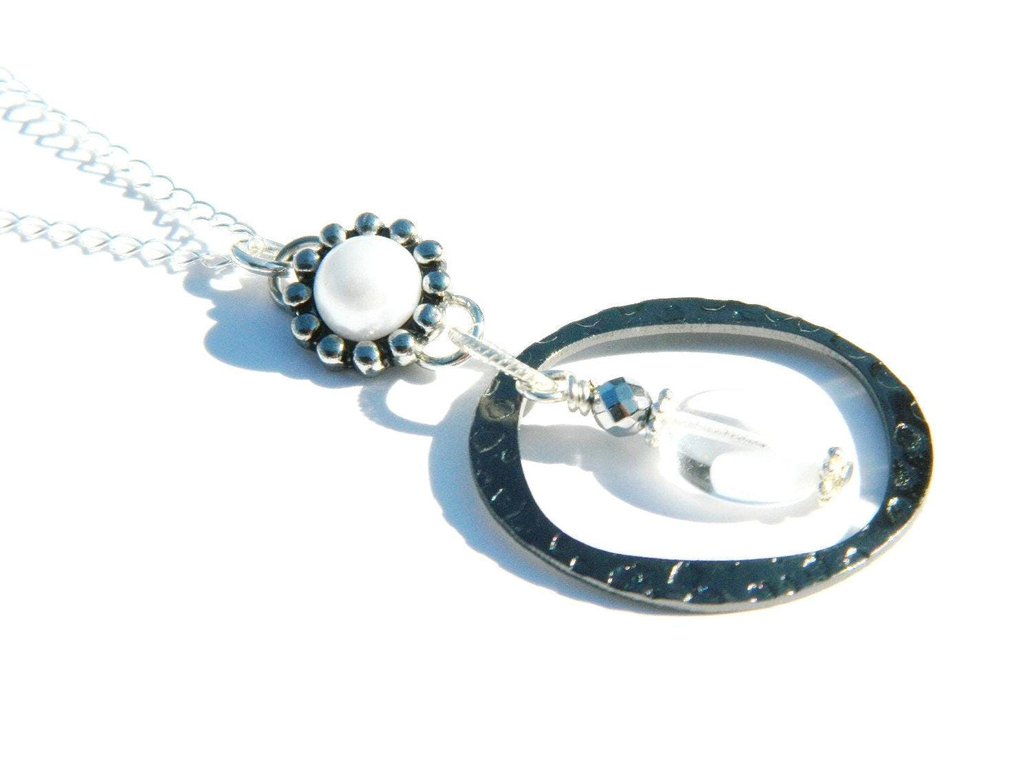 Circular Metal Necklace, Translucent White Accent, Sterling Silver Necklace, Fashionable Necklace, Modern Necklace, Sophisticated Necklace