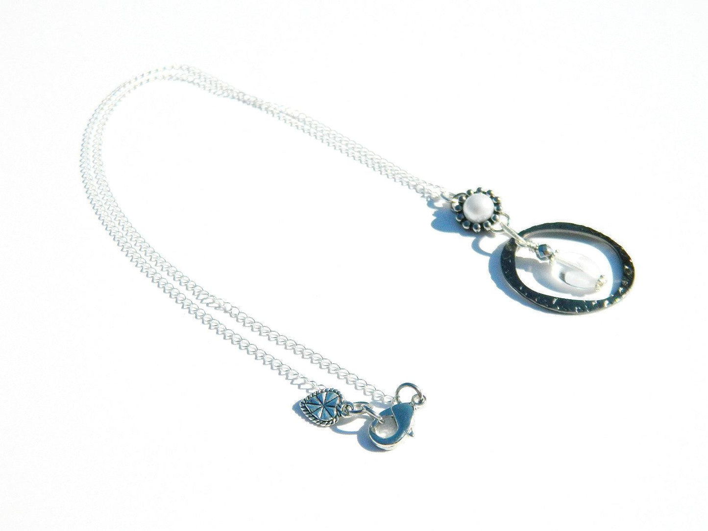 Circular Metal Necklace, Translucent White Accent, Sterling Silver Necklace, Fashionable Necklace, Modern Necklace, Sophisticated Necklace