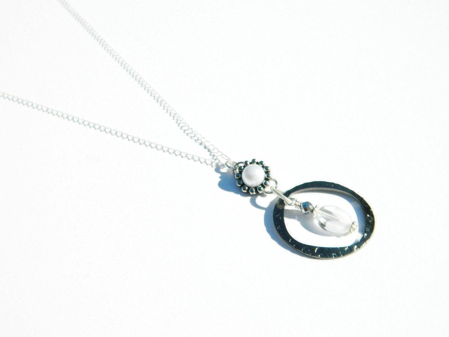 Circular Metal Necklace, Translucent White Accent, Sterling Silver Necklace, Fashionable Necklace, Modern Necklace, Sophisticated Necklace