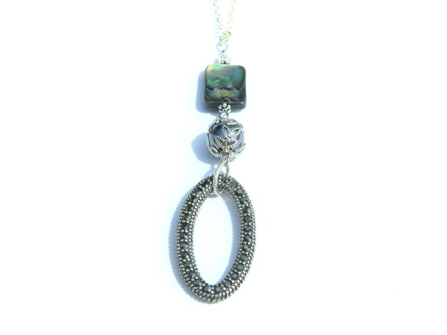 Paua Shell and Oblong Sparkle Pendant necklace, elegant, regal, impressive, handcrafted jewelry, sterling silver simply stated jewelry