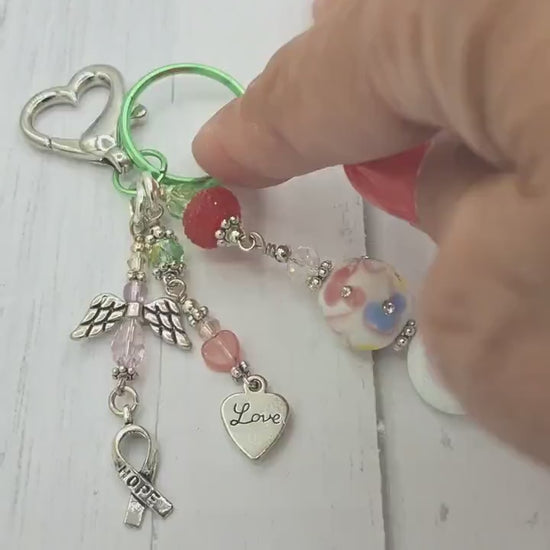 Whimsical, pink, green, Angel charm beaded Candy Colors Key Chain, Purse Charm