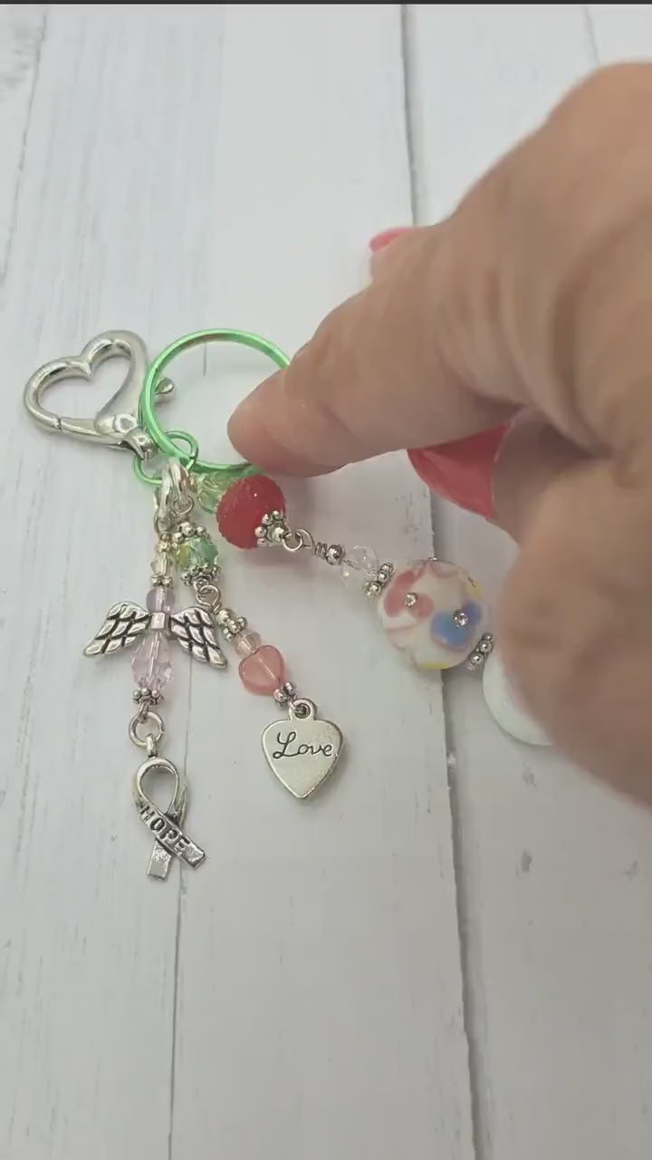 Whimsical, pink, green, Angel charm beaded Candy Colors Key Chain, Purse Charm