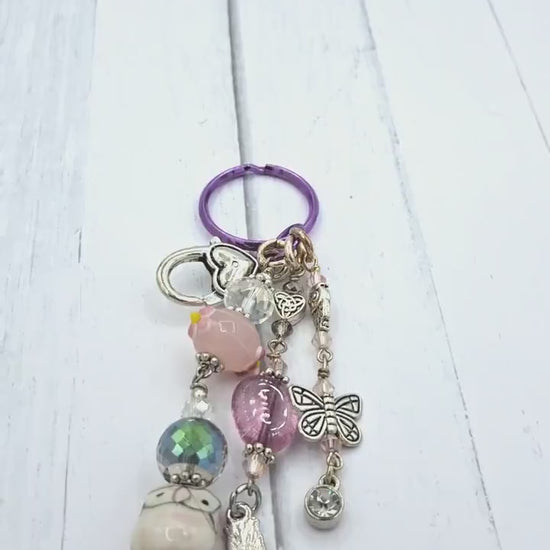 Whimsical, Purple, green and pink beaded Butterfly, Peace Charm Key Chain, Purse Charm
